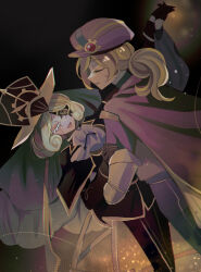  2girls :d ascot black_background black_gloves black_hat black_jacket black_pants blonde_hair brown_cape brown_hat cape chromatic_aberration closed_eyes colored_eyelashes commentary_request cookie_run cookie_run:_ovenbreak cowboy_shot croissant_cookie croissant_cookie_(director_of_the_tbd) curly_sidelocks dancing dot_nose dual_persona dutch_angle eyepatch face-to-face gloves hat highres holding_hands humanization jacket light_particles long_hair long_sleeves low_ponytail mamimumemo multiple_girls official_alternate_costume official_alternate_hair_length official_alternate_hairstyle pants parted_bangs parted_lips ponytail profile short_hair simple_background smile standing timekeeper_cookie timekeeper_cookie_(ruler_of_the_ephemeral_flow) tongue top_hat u_u white_ascot white_eyelashes 