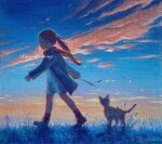  1girl boots brown_hair cat cat_teaser child clouds coat commentary_request full_body grass highres long_hair oil_painting_(medium) original outdoors painting_(medium) ponytail profile red_scarf ringodrawing scarf sky solo traditional_media twilight walking 