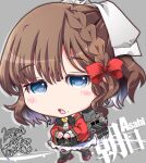  1girl asahi_(kancolle) black_hakama blue_eyes brown_hair character_name chibi coat collared_shirt dress_shirt hair_ribbon hakama highres japanese_clothes kantai_collection kuroneko_(kuroneko_works) long_sleeves mole mole_under_mouth red_coat ribbon rigging rudder_footwear shirt short_hair smokestack solo white_ribbon white_shirt 