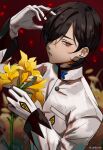  1boy absurdres arm_up bishounen black_hair blurry blurry_background flower gakuran gloves hair_over_one_eye highres holding holding_flower jacket joker_(persona_2) kurosu_jun looking_at_viewer male_focus parted_lips persona persona_2 portrait red_background red_eyes risuko.exe_(artist) school_uniform short_hair simple_background solo spoilers twitter_username white_gloves white_jacket 