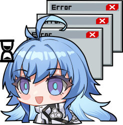  1girl ahoge artist_request blue_eyes blue_hair chibi chibi_only chinese_commentary empty_eyes eniac_(neural_cloud) error_message girls&#039;_frontline_neural_cloud girls_frontline hourglass long_hair official_art open_mouth second-party_source shawl solo twintails white_shawl 