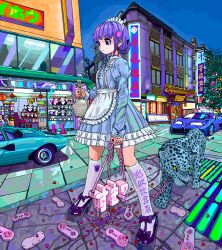  1girl ace_akira animal_ears apron bag blue_dress blue_eyes bugatti bugatti_eb_110 building car chain city complex_exterior dress earrings hair_ornament handbag high_heels holding holding_bag jaggy_lines jewelry juliet_sleeves lamborghini lamborghini_countach leash leopard long_sleeves maid maid_headdress motor_vehicle original outdoors panda puffy_sleeves purple_hair qi_maid short_hair socks solo super_famicom_gamepad white_apron white_socks 