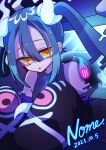  1girl absurdres artist_name blue_hair commentary dark_blue_hair dated ghost_miku_(project_voltage) hatsune_miku highres long_hair looking_at_viewer making-of_available orange_eyes pokemon project_voltage shino_nome signature solo twintails vocaloid watermark yellow_eyes 