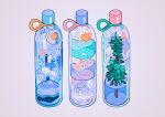  absurdres bottle clouds constellation crescent_moon floating grey_background highres liquid meyoco moon mountain no_humans original partially_immersed plant seashell shell simple_background skull snowman sparkle star_(symbol) transparent tree 