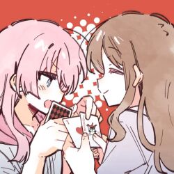  2girls artist_request bang_dream! bang_dream!_it&#039;s_mygo!!!!! blush brown_hair card chihaya_anon closed_mouth commission grey_eyes long_hair multiple_girls nagasaki_soyo open_mouth pink_hair playing_card red_background second-party_source sidelocks upper_body 