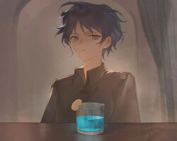  1boy blue_eyes blue_hair brown_shirt chinese_commentary collared_shirt commentary_request cup drink drinking_glass feiyingliaoluan-haruto food fruit indoors lemon lemon_slice male_focus parted_lips saibou_shinkyoku shirt short_hair solo upper_body utsugi_noriyuki wispy_bangs 