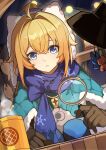  1girl :o ahoge animal_ears blonde_hair blue_capelet blue_eyes blue_scarf bow brown_gloves capelet chinese_commentary coat commentary commentary_request cup fake_animal_ears fur_trim gloves hair_between_eyes hair_intakes hat highres holding honkai:_star_rail honkai_(series) long_hair looking_at_viewer lynx_landau magnifying_glass parted_lips pengke_niunai_shuo_sai_bo_zanghua purple_scarf scarf solo stuffed_animal stuffed_toy upper_body winter_clothes 