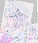  ! 1girl aqua_eyes arrow_(symbol) belt belt_buckle bow bowtie bright_pupils buckle cross cursor dotted_line fingernails food greek_cross grey_background grey_belt grey_hair grey_halo grey_sailor_collar grey_shirt grey_theme halftone halo hand_cursor hand_up headphones heart highres holding holding_food holding_popsicle icon_(computing) korean_text light_blush long_fingernails minus_sign original parted_lips pazzi_(zzxh2354) pink_bow pink_bowtie pixel_heart popsicle portrait power_symbol profile sailor_collar shirt short_hair solo speech_bubble translation_request user_interface white_pupils window_(computing) 