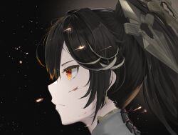  1girl absurdres black_hair closed_mouth from_side hair_between_eyes highres long_hair lucia:_pyroath_(pgr) lucia_(pgr) mechanical_spine parted_bangs punishing:_gray_raven red_eyes saif_artz sidelocks solo twintails 