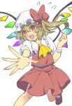  1girl :d blonde_hair bow brown_footwear flandre_scarlet flying_sweatdrops hat highres leg_up loafers long_hair looking_at_viewer mob_cap nayozane_(worker7) neckerchief open_mouth outstretched_arm puffy_short_sleeves puffy_sleeves red_bow red_eyes red_skirt red_vest shoes short_sleeves side_ponytail simple_background skirt smile socks solo teeth touhou upper_teeth_only vest white_background white_socks wings yellow_neckerchief 