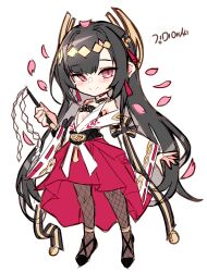  1girl absurdres black_hair blush cherry_blossoms fishnet_pantyhose fishnets full_body girls&#039;_frontline_neural_cloud girls_frontline godgamesc2 gohei highres kimie_(neural_cloud) long_hair looking_at_viewer nontraditional_miko pantyhose pink_eyes smile solo very_long_hair 