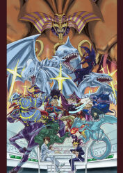  5boys absurdres alternate_costume armor beaver_warrior blue-eyes_white_dragon blue_eyes brown_hair card chair claws commentary crowd cyclops dark_magician duel_monster exodia_the_forbidden_one fangs fighting fire fireball gaia_the_fierce_knight helmet highres hitotsu-me_giant holding holding_mace holding_polearm holding_staff holding_sword holding_weapon horse horseback_riding jewelry jousting judge_man kaiba_seto lance mace mage_staff millennium_puzzle multicolored_hair multiple_boys mute_traveler muto_yugi necklace one-eyed pauldrons playing_card pointy_ears polearm riding saggi_the_dark_clown school_uniform sharp_teeth shield shoulder_armor shoulder_spikes sitting smirk spiked_armor spiked_helmet spiked_mace spiked_pauldrons spikes spiky_hair stadium staff sword swords_of_revealing_light teeth violet_eyes weapon winged_dragon_guardian_of_the_fortress_#1 wings wristband yu-gi-oh! 