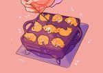  absurdres animal dog food griddle heart highres lying meyoco no_humans original pink_background shiba_inu simple_background sparkle stick takoyaki 