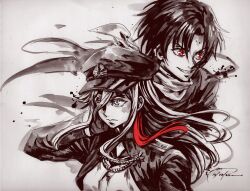  1boy 1girl 86_-eightysix- blue_eyes dominic_ian_cabatit floating_hair gloves hair_behind_ear hair_between_eyes hand_in_own_hair hat highres jacket long_hair military_hat military_jacket military_uniform monochrome multicolored_hair parted_bangs red_eyes red_hair scarf shinei_nouzen short_hair signature smile spot_color streaked_hair vladilena_millize 