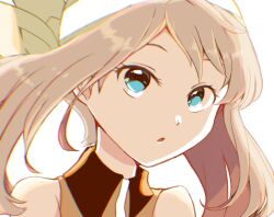  1girl bandana blue_eyes brown_hair chromatic_aberration eyelashes green_bandana highres looking_at_viewer may_(pokemon) mirai_(rs-729201204113-lg) open_mouth parted_lips pokemon pokemon_emerald pokemon_rse portrait shirt sleeveless sleeveless_shirt solo white_background 