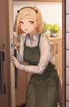  1girl 3_small_spiders :d absurdres animal_ears apron blonde_hair blush breasts cat_ears collarbone commission cowboy_shot door fake_animal_ears girls_frontline green_apron hairband hands_up highres indoors long_sleeves looking_at_viewer m3_(girls&#039;_frontline) medium_breasts medium_hair open_mouth opening_door plant potted_plant shirt skeb_commission smile solo violet_eyes white_shirt 