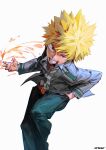  1boy absurdres artist_name atmosgear bakugou_katsuki belt belt_buckle blazer blonde_hair blurry boku_no_hero_academia buckle chromatic_aberration collared_shirt commentary cowboy_shot depth_of_field dimple double_horizontal_stripe dress_shirt dutch_angle energy film_grain floating_clothes furrowed_brow green_pants grey_jacket grin hair_between_eyes hand_in_pocket hand_up highres jacket lapels leaning_forward long_sleeves looking_at_viewer male_focus necktie notched_lapels open_clothes open_collar open_jacket pants red_belt red_eyes red_necktie sanpaku school_uniform shirt short_hair sidelighting simple_background smile solo spiky_hair swirl teeth u.a._school_uniform uneven_eyes v-shaped_eyebrows white_background white_shirt wing_collar 