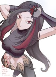  1girl black_hair breasts crop_top gloves highres holding holding_poke_ball kagi0487_(weiss_9610) long_hair looking_at_viewer lucy_(pokemon) midriff multicolored_hair navel pants poke_ball poke_ball_(basic) pokemon pokemon_emerald pokemon_rse purple_gloves purple_hair red_eyes red_hair shirt sleeveless solo two-tone_hair very_long_hair 