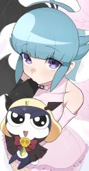  1boy 1girl alternate_costume angel_wings bare_shoulders bat_wings black_dress black_skin black_wings blue_bow blue_hair bow breasts bridal_gauntlets colored_skin dress fake_head_wings feathered_wings frilled_dress frills frog_boy hairband hat highres keroro_gunsou kohiru_atsuku looking_at_viewer nishizawa_momoka open_mouth pink_dress pink_wings short_hair shoshinsha_mark tadpole_tail tamama two-tone_dress two-tone_wings violet_eyes white_background wings 