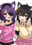  2girls animal_ears animal_print badge black_bow black_collar black_hair black_skirt bow brown_eyes button_badge cat_ears claw_pose collar commentary eyelashes eyepatch fang frilled_eyepatch frilled_skirt frilled_sleeves frills hair_between_eyes hair_bow hair_ribbon hand_up hands_up hayasaka_mirei heart heart_necklace highres idolmaster idolmaster_cinderella_girls jewelry leopard_print light_blush long_hair long_sleeves matoba_risa medium_hair miniskirt multicolored_hair multiple_girls necklace open_mouth pink_skirt pink_sweater purple_hair redhead ribbon roccamoya shirt sidelocks skirt smile sweater twintails twitter_username two-tone_hair white_background wolf_ears yellow_eyes yellow_ribbon yellow_shirt 