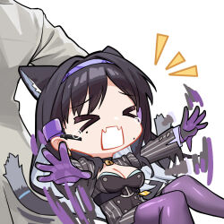  &gt;_&lt; 1girl animal_ears artist_request black_hair cat_ears cat_girl cat_tail chibi chibi_only chinese_commentary dragging dress fang girls&#039;_frontline_neural_cloud girls_frontline hair_intakes headset inola_(neural_cloud) mole mole_under_eye official_art open_mouth pinstripe_dress pinstripe_pattern purple_bodystocking second-party_source skin_fang solo_focus tail tears tongue tongue_out waving_arms 