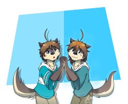  2boys ahoge animal_ears bad_apple!! blue_hoodie brown_pants character_request closed_mouth doingmorenatsu english_commentary furry furry_male highres holding_hands hood hood_down hoodie looking_at_viewer male_focus morenatsu multiple_boys nanafuse_(morenatsu) open_mouth pants shun_kodori smile tail touhou wolf_boy wolf_ears wolf_tail 