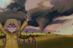  1girl alternate_costume arms_up blonde_hair closed_eyes clouds cloudy_sky crystal flandre_scarlet flandrepudding happy highres hood hoodie one_side_up pointy_ears power_lines road sharp_teeth short_hair sky smile solo teeth tornado touhou upper_body wings yellow_hoodie 