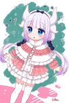  1girl :o blue_eyes blush bow_hairband capelet center_frills chiaki1126iove dragon_horns feet_out_of_frame frilled_capelet frilled_skirt frills fur-trimmed_capelet fur_trim hairband horns kanna_kamui kobayashi-san_chi_no_maidragon long_hair multiple_horns outstretched_arms pink_shirt purple_hair shirt signature skirt solo star_(symbol) thigh-highs twintails very_long_hair white_skirt white_thighhighs 
