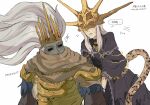  2boys absurdres aldrich_devourer_of_gods animal armor black_capelet black_dress blush breastplate brothers brown_scarf capelet crown dark_souls_(series) dark_souls_iii dark_sun_gwyndolin dress facing_another flying_sweatdrops frown gold_armor gold_headwear grey_background grey_hair helmet highres long_hair looking_at_another looking_back multiple_boys nameless_king scarf shoulder_plates siblings simple_background snake speech_bubble sweat tongue tongue_out translation_request undead zunkome 