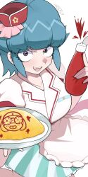  1boy 1girl alternate_costume angry apron blue_hair bow breasts collarbone colored_skin fang food frog_boy green_skirt highres keroro_gunsou ketchup_bottle kohiru_atsuku looking_at_viewer medium_breasts nishizawa_momoka omelet omurice open_mouth short_hair shoshinsha_mark skirt spiky_hair tamama tray two-tone_skirt violet_eyes waitress white_background white_skirt 