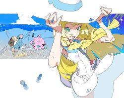  1girl beach blonde_hair blue_sky clouds dress fighting green_eyes hat highres himuro_yukichiko jigglypuff komala lillie_(pokemon) long_hair ocean palm_leaf pen pokemon pokemon_(creature) rare_candy sky summer sun_hat sundress white_background 