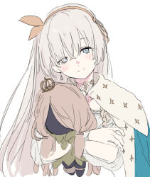  1girl anastasia_(fate) blue_cape cape earrings fate/grand_order fate_(series) gold_hairband grey_eyes hair_over_one_eye hairband highres hugging_doll hugging_object jewelry kaigan0211 long_hair single_earring smile white_background white_hair 