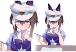  ... 1girl animal_ears blue_eyes blush breasts cheval_grand_(umamusume) hair_between_eyes hat horse_ears looking_at_viewer medium_breasts medium_hair multiple_views notebook pencil renma_(renma_0503) school_uniform simple_background sweatdrop tracen_school_uniform umamusume white_background 