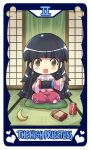  1girl bamboo bamboo_forest black_hair blunt_bangs bow brown_eyes can colonel_aki forest heart houraisan_kaguya indian_style long_hair long_sleeves nature nintendo_switch pink_shirt red_skirt shirt sitting sitting_on_pillow skirt soda_can solo tarot_(medium) the_high_priestess_(tarot) touhou very_long_hair wide_sleeves 