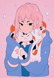  1girl absurdres animal_hands animal_print black_eyes blue_jacket cat cat_print enpera gloves highres hood hooded_jacket jacket long_hair meyoco mittens no_nose original paw_gloves paw_print pink_background pink_hair scarf simple_background solo upper_body 