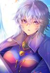  1girl any813 breasts cape highres jewelry katrina_(romancing_saga) looking_at_viewer open_mouth purple_hair romancing_saga_3 saga short_hair solo 
