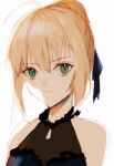  1girl alternate_costume artoria_pendragon_(fate) bare_shoulders black_dress blonde_hair blue_ribbon braid closed_mouth collar collared_dress commentary dress fate/grand_order fate_(series) french_braid frilled_collar frills frown green_eyes hair_bun hair_ribbon highres looking_at_viewer mizu_(shir_ley) ribbon saber short_hair single_hair_bun solo teardrop_cutout upper_body white_background 