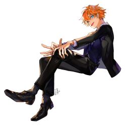  1boy akehoshi_subaru black_jacket black_pants black_shoes black_socks blue_eyes dongbackbyul ensemble_stars! from_side full_body hair_between_eyes hand_on_own_knee highres invisible_chair jacket long_sleeves looking_back male_focus open_mouth orange_hair pants shoes short_hair simple_background sitting smile socks solo white_background 