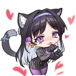  1girl animal_ears artist_request black_hair cat_ears cat_girl cat_tail chibi chibi_only chinese_commentary dress fang girls&#039;_frontline_neural_cloud girls_frontline hair_intakes headset inola_(neural_cloud) mole mole_under_eye official_art pantyhose pinstripe_dress pinstripe_pattern purple_bodystocking second-party_source skin_fang solo tail tongue tongue_out violet_eyes 