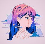  1girl aqua_eyes artist_name blue_hair clouds crying ear_piercing gradient_hair grey_background highres jpeg_artifacts meyoco multicolored_hair no_nose original piercing pink_hair portrait profile purple_hair simple_background solo 