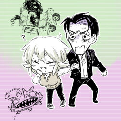  1boy 1girl :3 anglerfish animal_with_human_head asama_hirotaka black_hair body_horror business_casual dog exasperation extra_eyes fish horror_(theme) inubousaki_shioi leech_girl monster nikubami_honegishimi runarica0914 smile suit worm_girl 