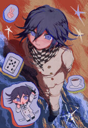  1boy arm_up arms_behind_back beach blush buttons card checkered_clothes checkered_scarf chibi cup danganronpa_(series) danganronpa_v3:_killing_harmony flipped_hair from_above hair_between_eyes highres holding holding_knife knife koka-ka_metoro long_sleeves looking_at_viewer male_focus medium_hair multicolored_buttons ocean oma_kokichi open_mouth pants playing_card purple_hair scarf shadow shore smile solo standing star_(symbol) teacup thigh_strap two-tone_scarf v violet_eyes water 
