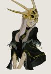  1boy absurdres aldrich_devourer_of_gods black_dress covered_eyes cropped_torso dark_souls_(series) dark_souls_iii dark_sun_gwyndolin dress facing_to_the_side gold_headwear gold_trim grey_background grin helmet helmet_over_eyes highres long_hair otoko_no_ko scar scar_on_arm simple_background smile solo teeth upper_body zunkome 