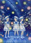  3girls ascot bare_tree black_eyes blonde_hair boots brooch child closed_eyes collared_dress commentary_request dress full_body gears hat highres jewelry looking_at_another milky_way multiple_girls oil_painting_(medium) original painting_(medium) ringodrawing sailor_hat short_hair short_sleeves sky smile star_(sky) starry_sky traditional_media tree white_dress white_footwear 