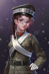  1girl absurdres belt braid glasses highres imperial_japanese_army looking_at_viewer military_uniform original purple_background round_eyewear snowing solo youotaku 