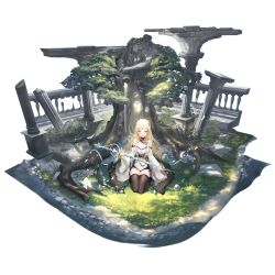  1girl artist_request black_thighhighs blonde_hair braid dress flower fur_trim game_cg girls&#039;_frontline_neural_cloud girls_frontline grass highres jacket k5_(girls&#039;_frontline) long_hair looking_at_viewer luna_(neural_cloud) official_art seiza sitting solo staff statue strapless strapless_dress thigh-highs third-party_source tree water white_flower white_jacket zettai_ryouiki 