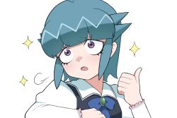  1girl black_vest blue_bow blue_hair bow frilled_sleeves frills highres jewelry keroro_gunsou kohiru_atsuku long_sleeves nishizawa_momoka open_mouth pendant school_uniform shirt short_hair sparkle spiky_hair thumbs_up vest violet_eyes white_background white_shirt 