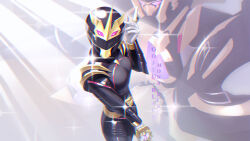 1girl absurdres artist_name black_bodysuit bodysuit character_name chromatic_aberration commentary gloves gold_belt gold_trim gozyuunicorn highres ichikawa_sumino mecha mona_disc no.1_sentai_gozyuger pink_trim robot sentai_ring solo sparkle super_sentai tega_sword tega_sword_black tokusatsu white_background white_gloves