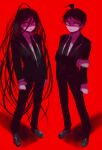  2boys ahoge arm_at_side arms_at_sides black_footwear black_jacket black_necktie black_pants blue-bell collared_shirt danganronpa_(series) danganronpa_3_(anime) full_body highres hinata_hajime jacket kamukura_izuru long_hair male_focus messy_hair multiple_boys necktie official_alternate_costume open_clothes open_jacket pants red_background red_eyes shirt short_hair simple_background very_long_hair 