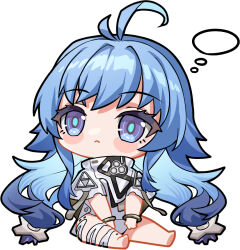  1girl :&lt; ahoge artist_request blue_eyes blue_hair blush_stickers chibi chibi_only chinese_commentary eniac_(neural_cloud) girls&#039;_frontline_neural_cloud girls_frontline leotard long_hair official_art second-party_source shawl sitting solo speech_bubble thought_bubble twintails white_leotard white_shawl 